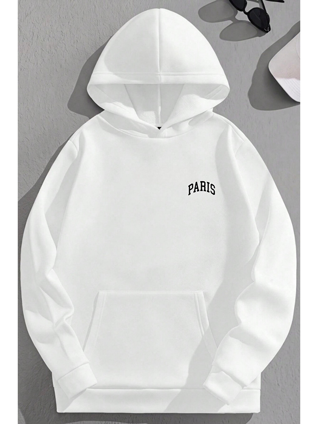 Unisex 3 İplik Pamuklu Beyaz Bol Kalıp Kavis Parıs Baskı Sweatshirt Hoodie-1