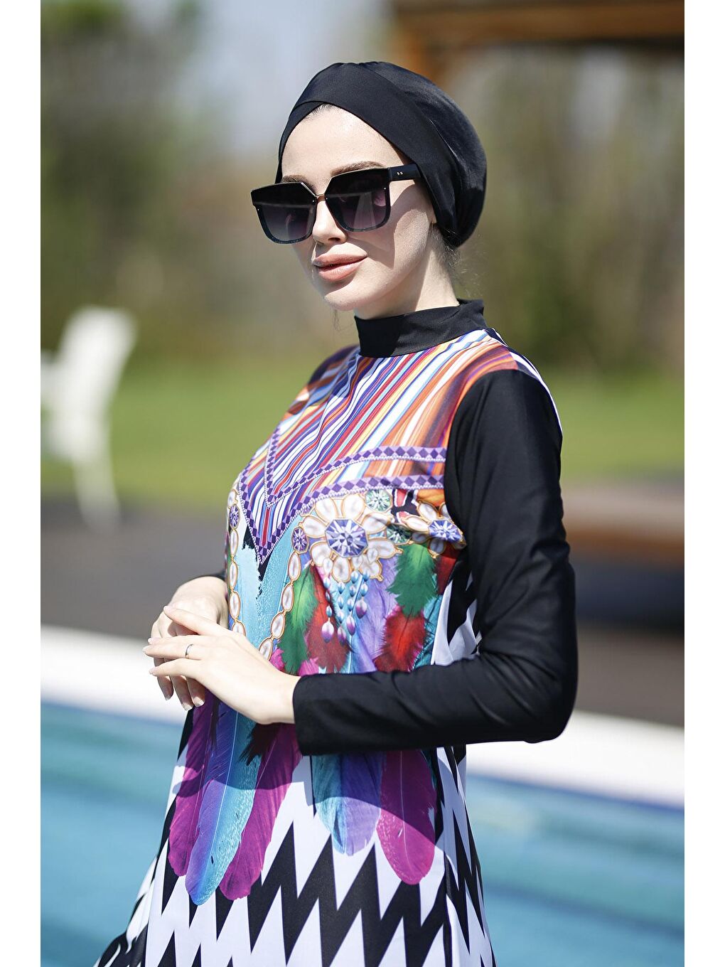 Siyah Tasarım Tam Kapalı Tesettür Mayo Zikzak İnci-2