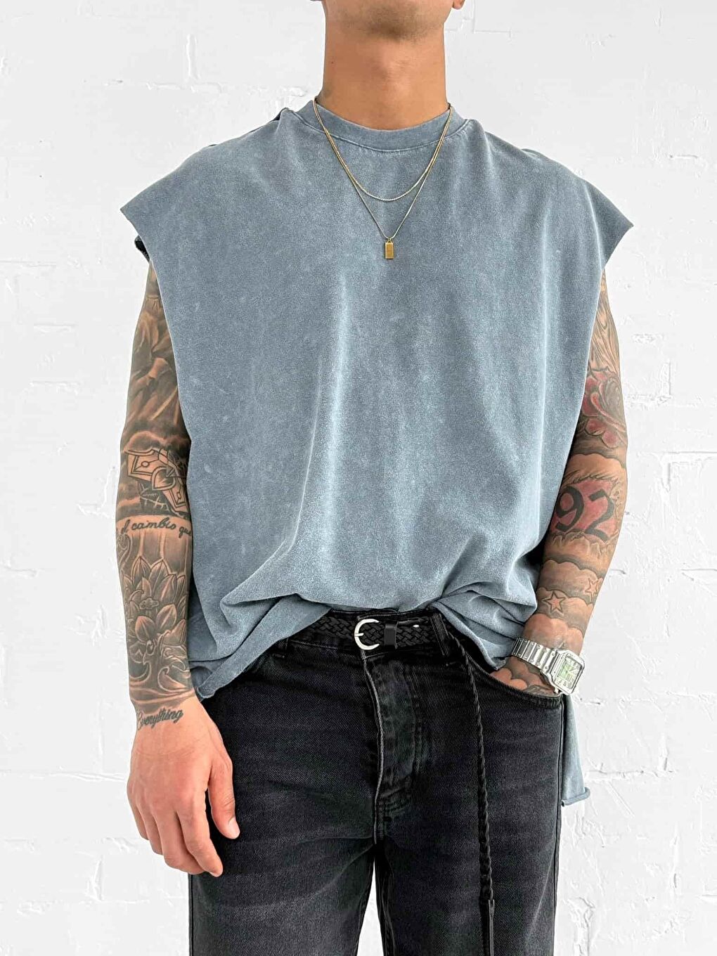 Gri Erkek Oversize Yıkamalı Kolsuz Tişört Füme