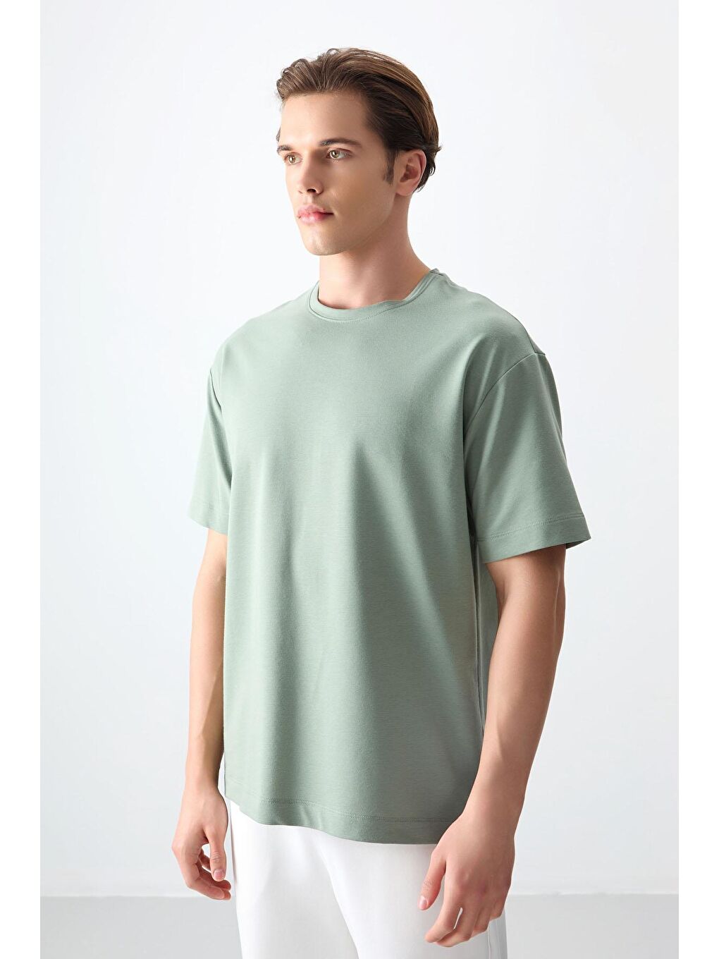 AIR JONES Açık Yeşil Pamuklu Kalın Yumuşak Dokulu Oversize Fit Basic Erkek T-Shirt -88377 - 3