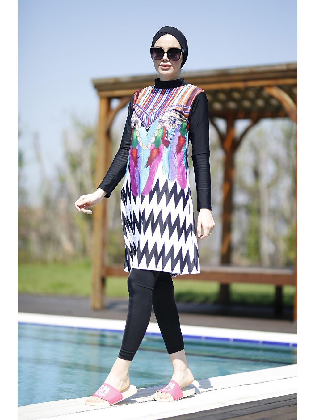 Siyah Tasarım Tam Kapalı Tesettür Mayo Zikzak İnci-3