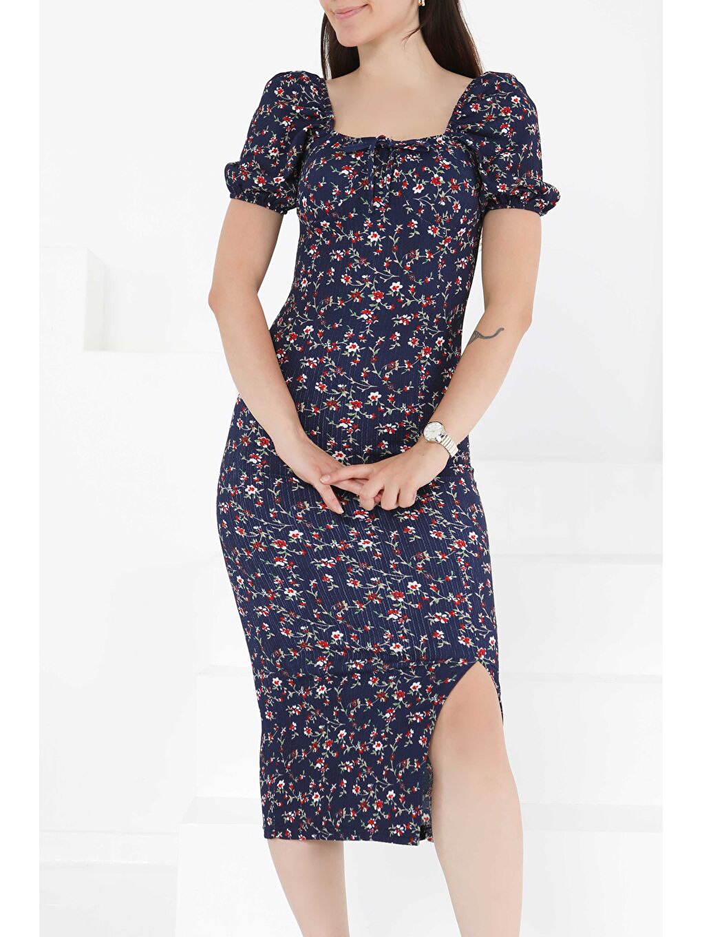 Prenses Kol Yırtmaçlı Elbise Lacivert - 27393-4