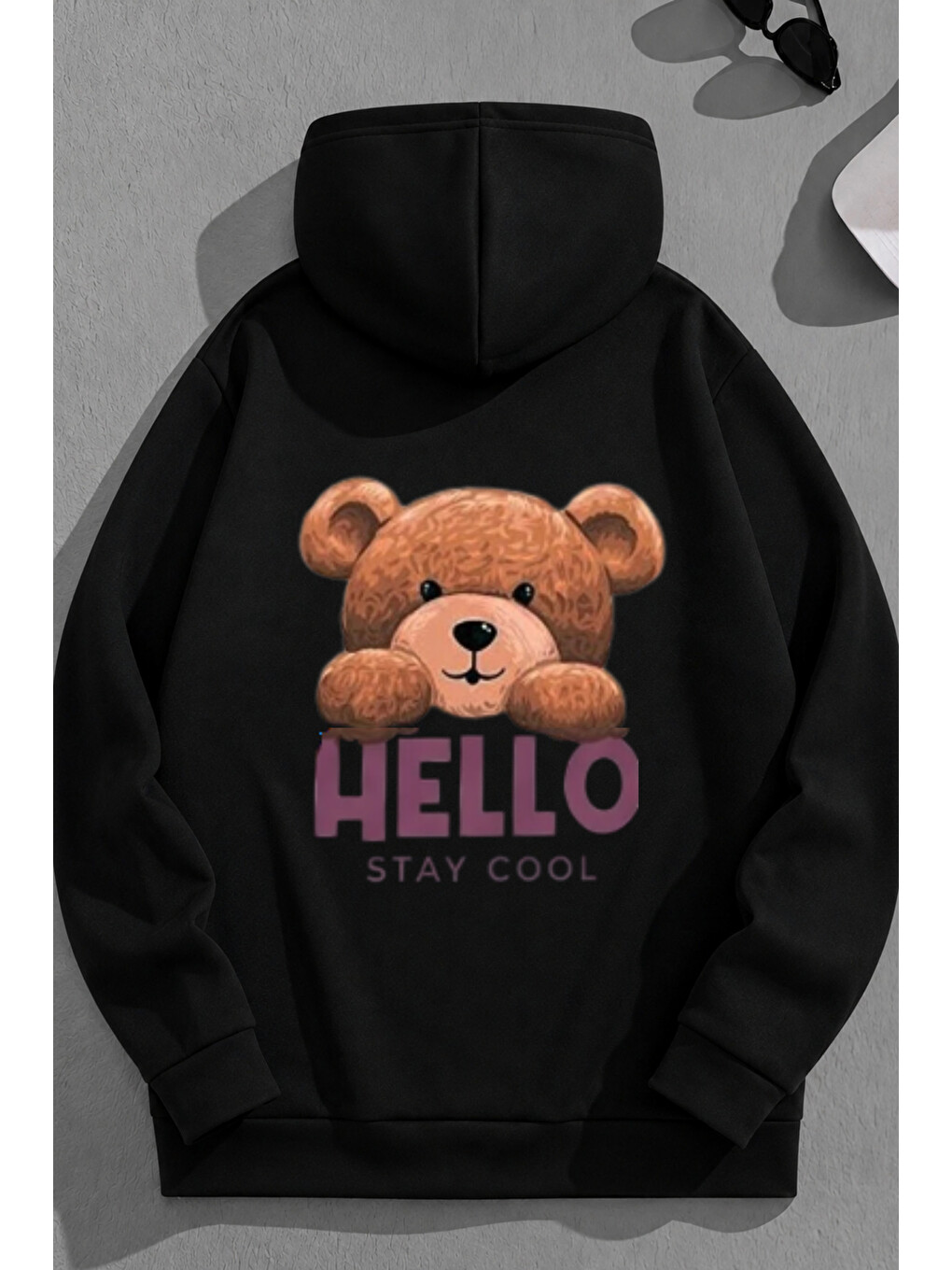 Unisex 3 İplik Pamuklu Siyah Hello Bol Kalıp Sweatshirt Hoodie