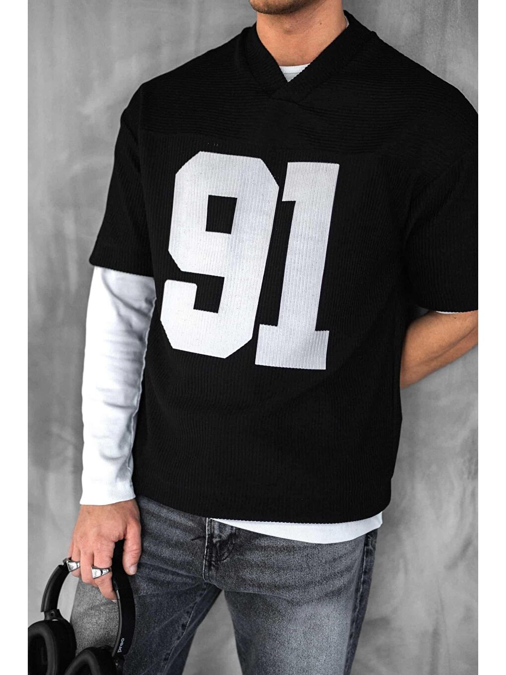 Erkek Oversize Baskılı V Yaka Forma Tişört Siyah-1