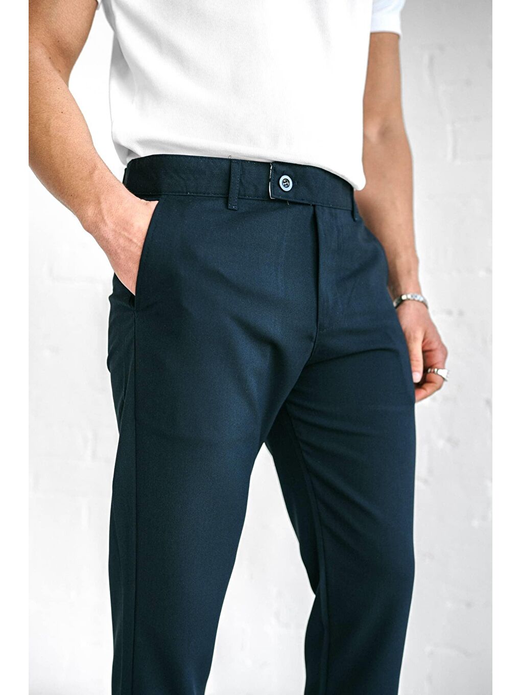 Kaliteli Esnek Elastanlı Bilek Boy Kumaş Erkek Pantolon Lacivert-4