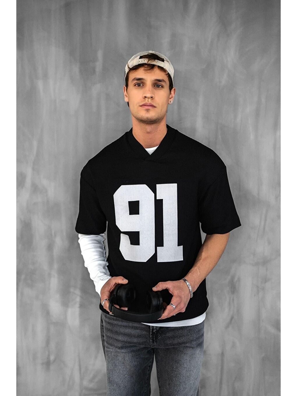 Erkek Oversize Baskılı V Yaka Forma Tişört Siyah-2