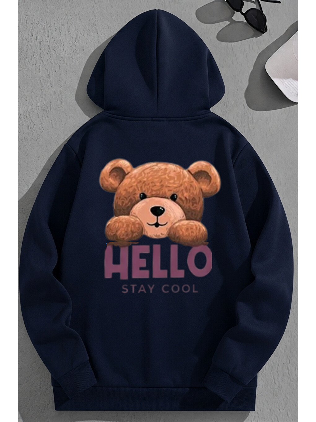 Unisex 3 İplik Pamuklu Lacivert Hello Bol Kalıp Sweatshirt Hoodie