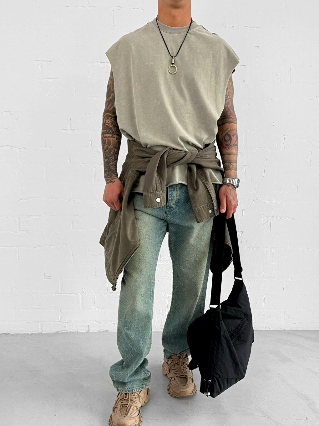 Erkek Oversize Yıkamalı Kolsuz Tişört Yeşil