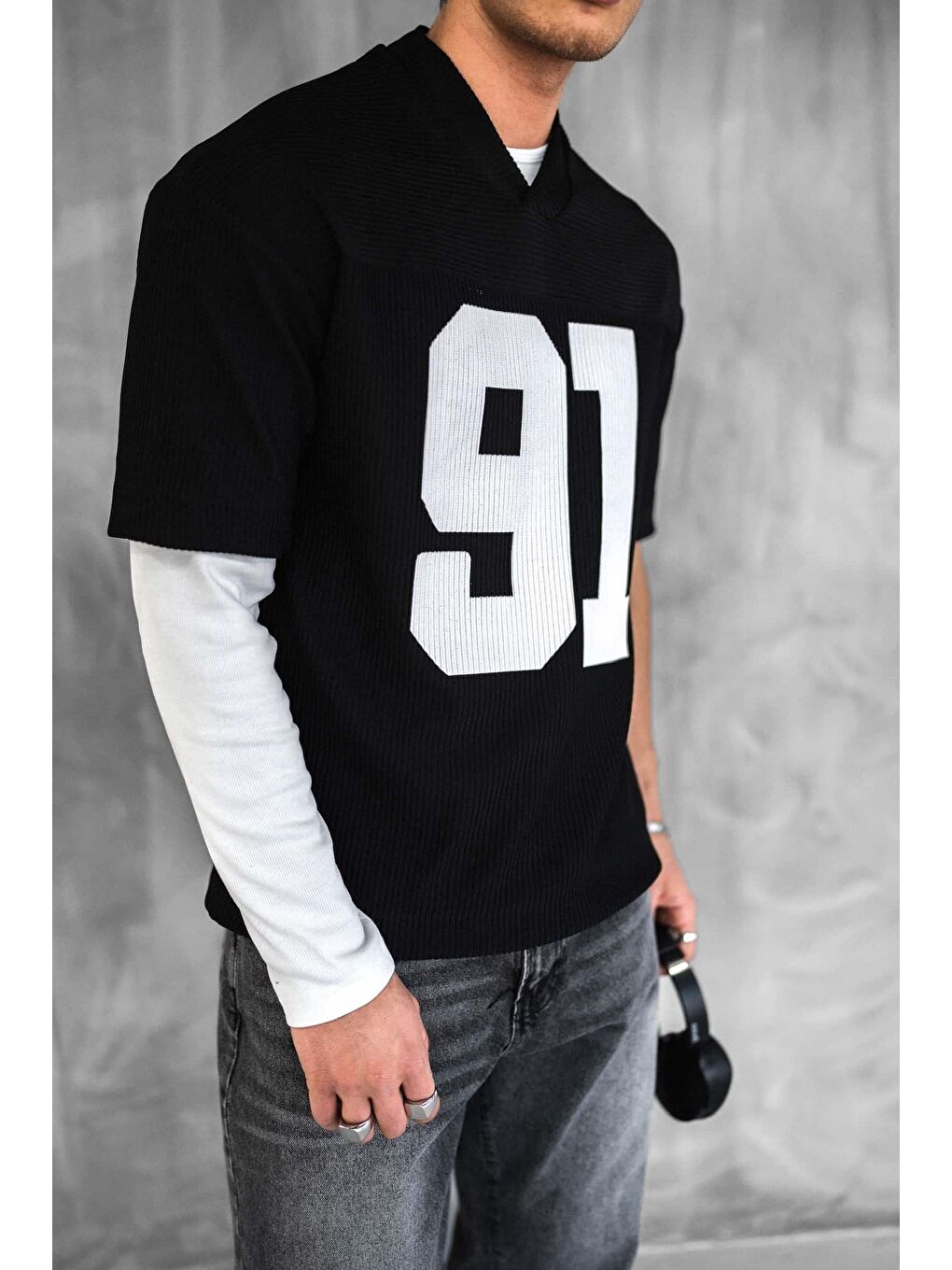 Erkek Oversize Baskılı V Yaka Forma Tişört Siyah-3