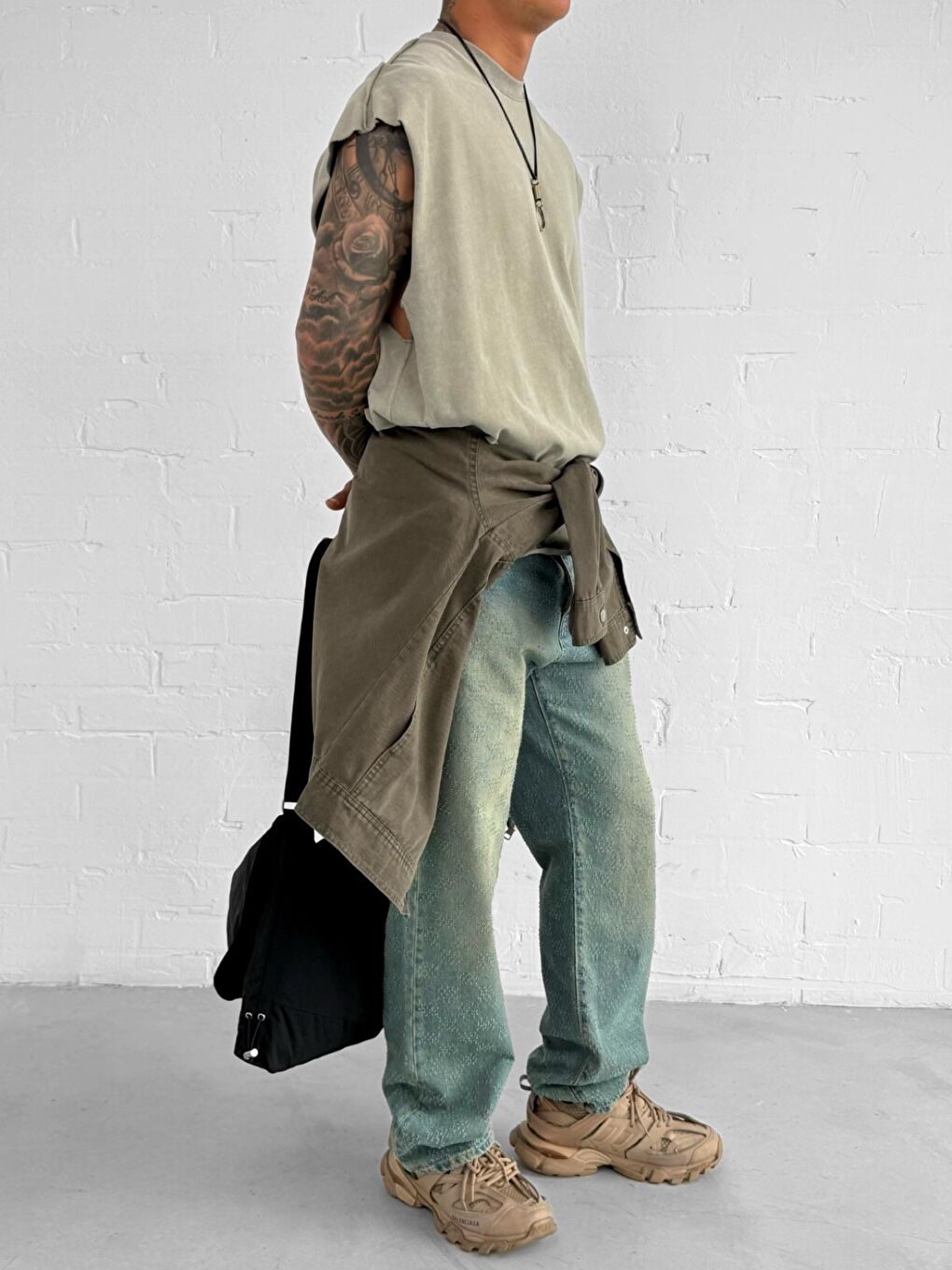 Erkek Oversize Yıkamalı Kolsuz Tişört Yeşil-2