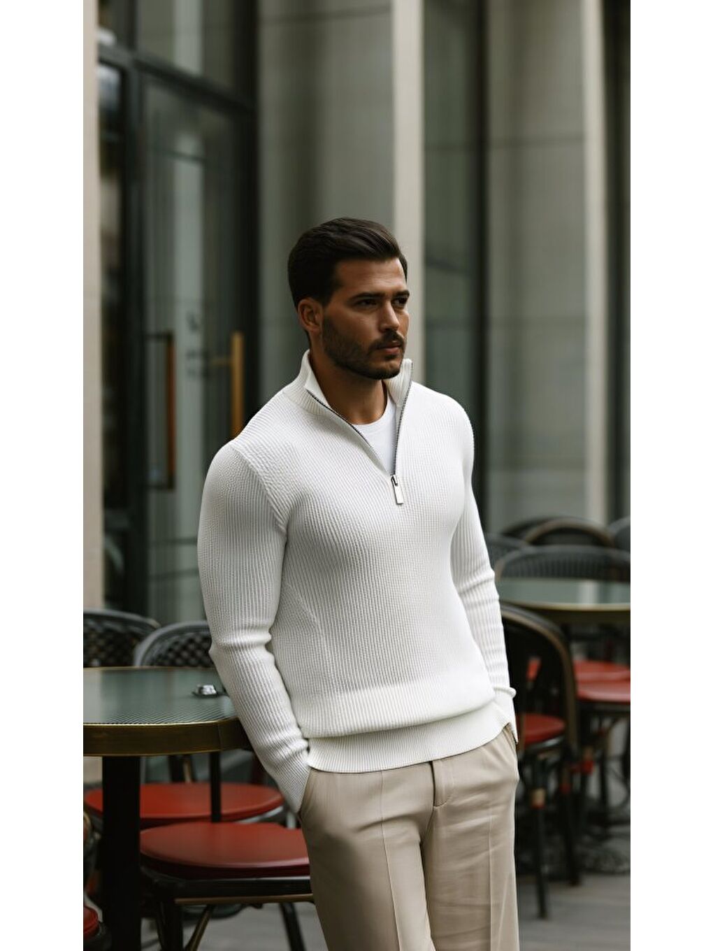 Beyaz Erkek Balıkçı Zip Yaka Uzun Kollu Triko-3