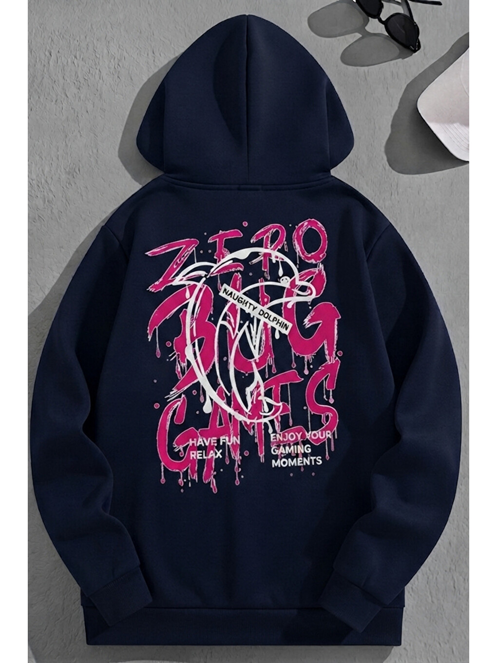 Unisex 3 İplik Pamuklu Lacivert Games Bol Kalıp Sweatshirt Hoodie