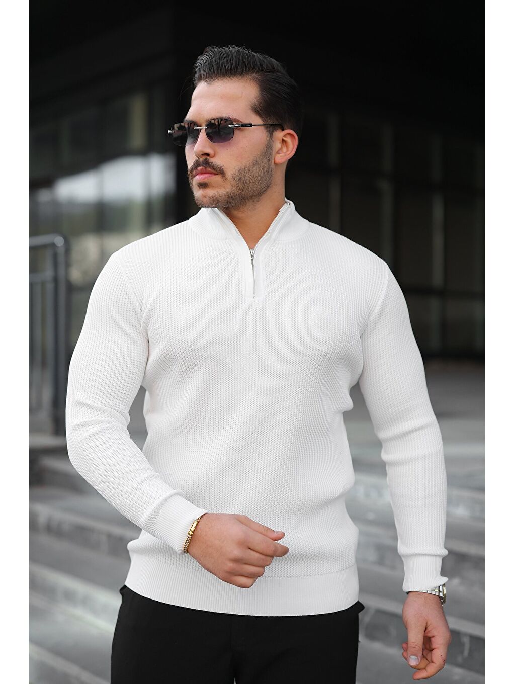 Beyaz Erkek Balıkçı Zip Yaka Uzun Kollu Triko-4