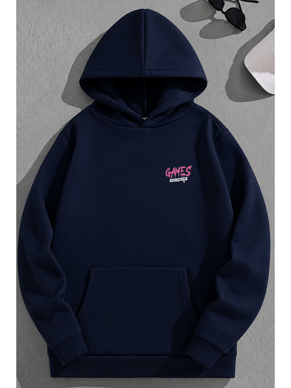Unisex 3 İplik Pamuklu Lacivert Games Bol Kalıp Sweatshirt Hoodie-1