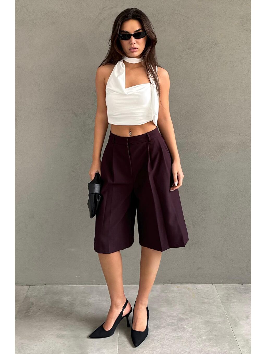 Mürdüm Pileli Cepli Kadın Bermuda Mg2620-1