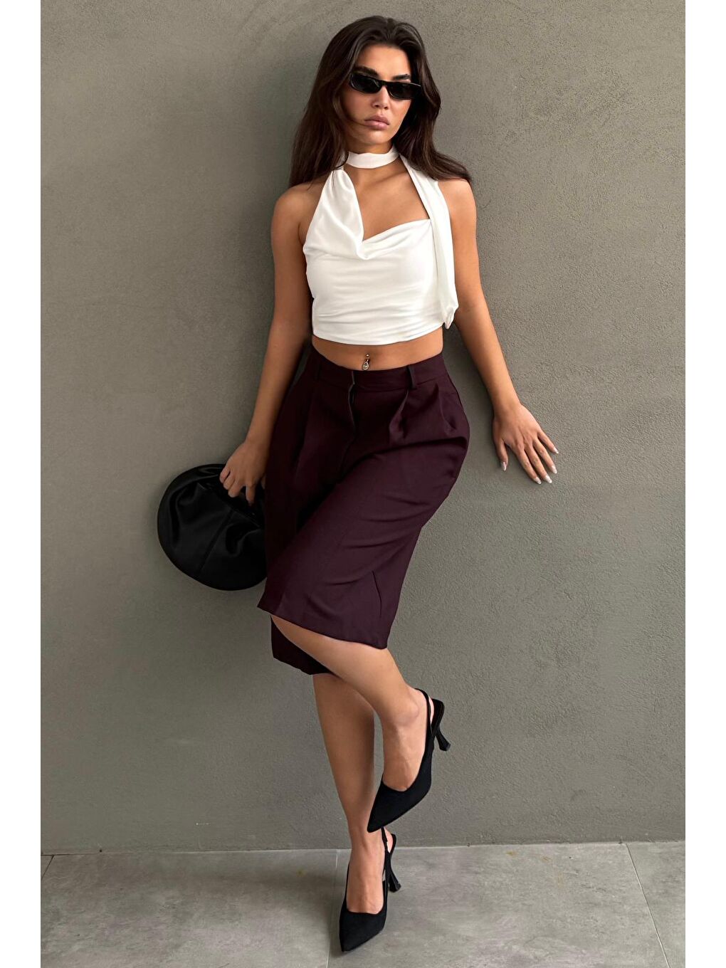 Mürdüm Pileli Cepli Kadın Bermuda Mg2620-2