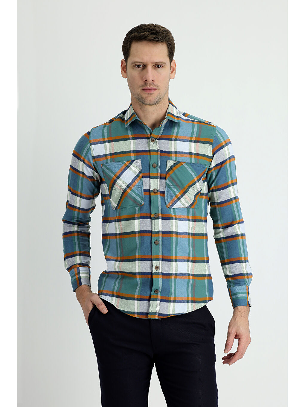 Yeşil Uzun Kol Slim Fit Dar Kesim Ekose Oduncu Pamuklu Gömlek