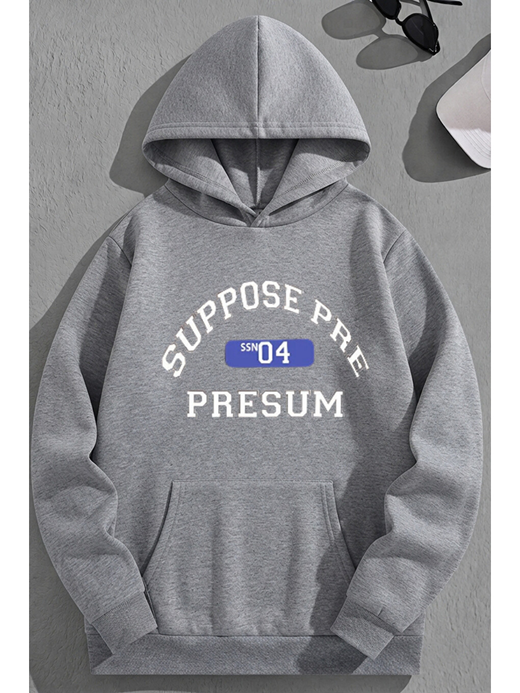 Unisex 3 İplik Pamuklu Gri Suppose Baskı Bol Kalıp Sweatshirt Hoodie