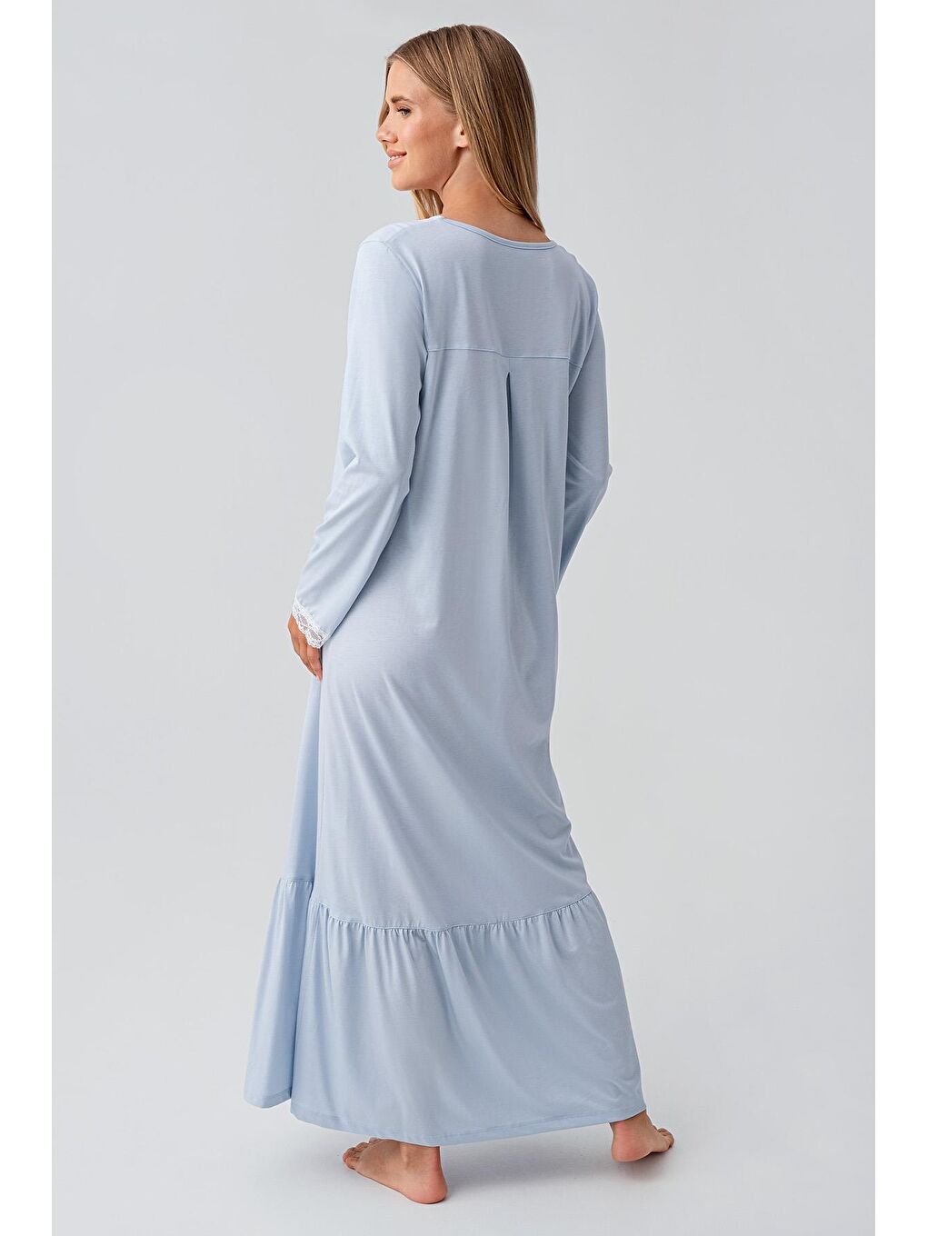 Mavi Uzun Kollu Düğmeli Dantelli Esnek Pamuklu Gecelik 18100-2