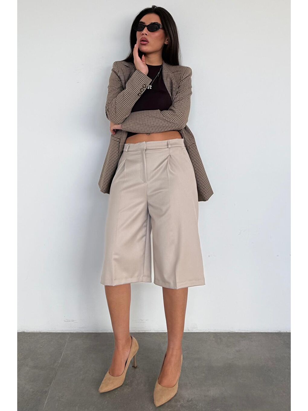 Bej %100 Pamuklu Cepli Kumaş Bermuda Şort Mg2640-2