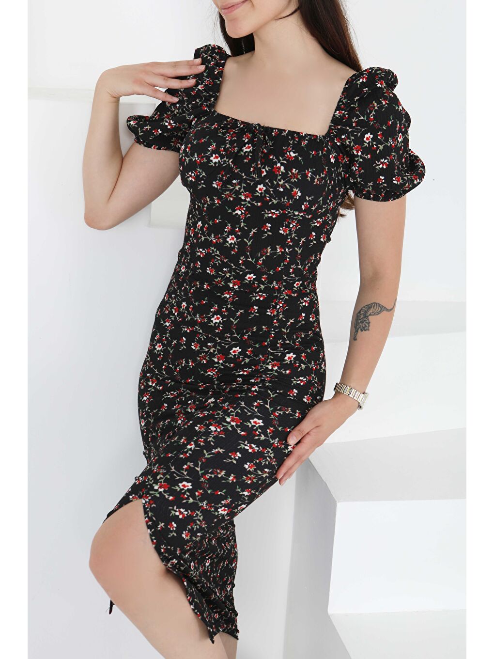 Prenses Kol Yırtmaçlı Elbise Siyah - 27393-1