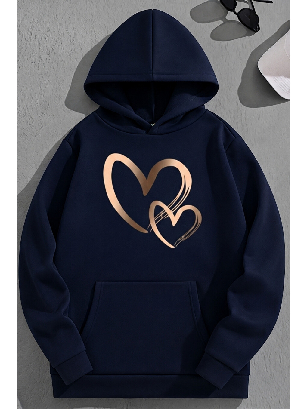 Unisex 3 İplik Pamuklu Lacivert Goldheart Bol Kalıp Sweatshirt Hoodie