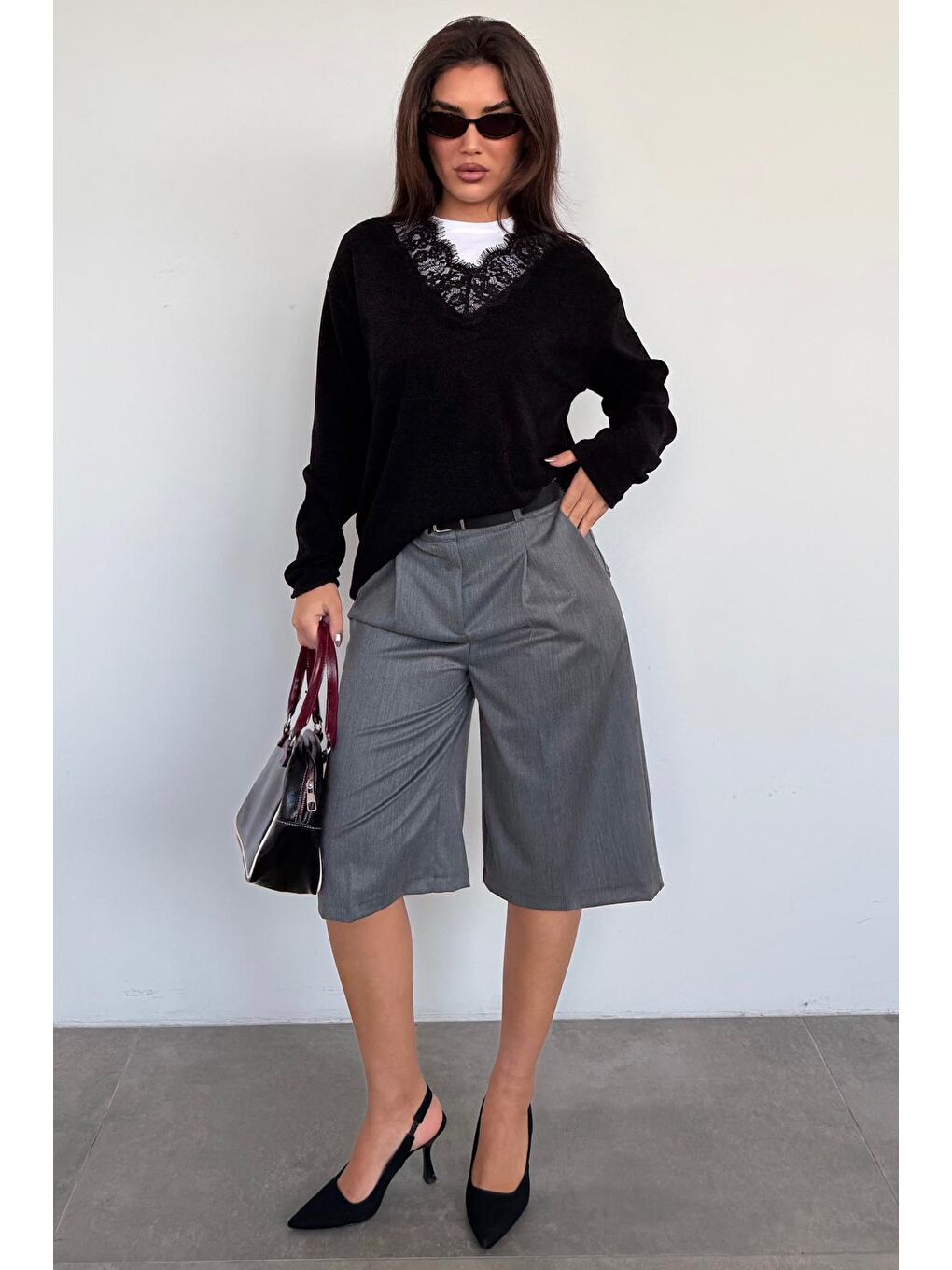 Antrasit %100 Pamuklu Cepli Kumaş Bermuda Şort Mg2640-1