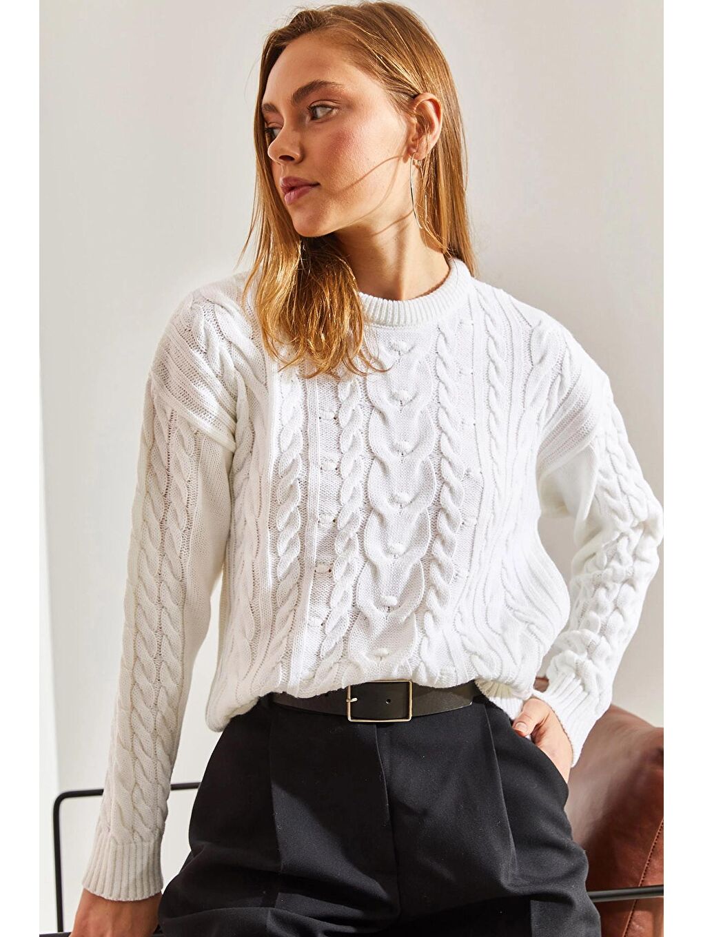 Beyaz Kadın Desenli Triko Kazak-2