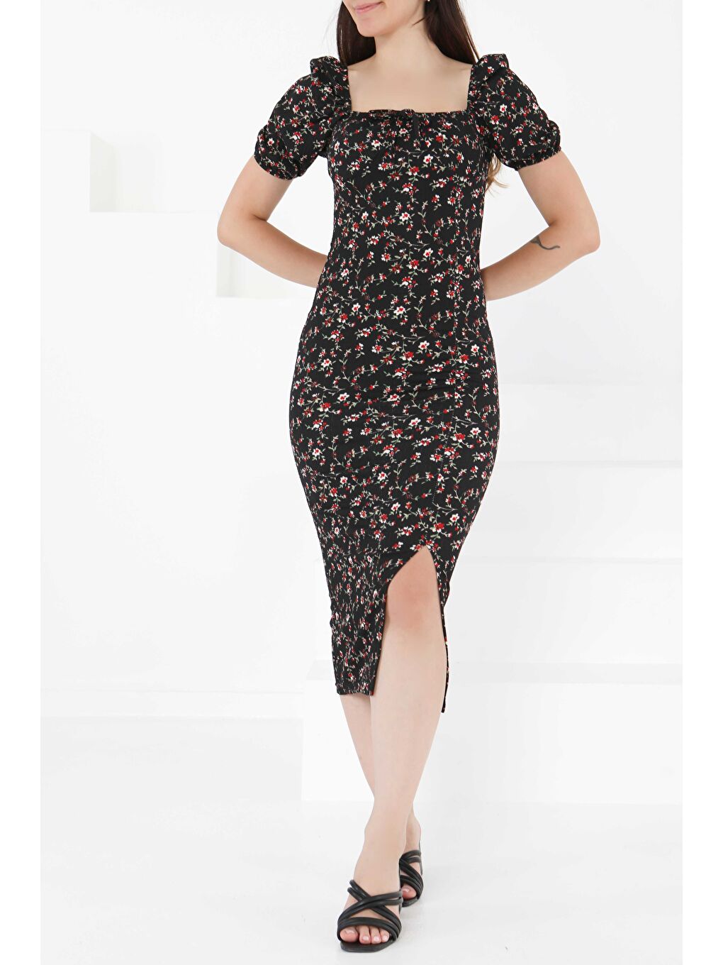 Prenses Kol Yırtmaçlı Elbise Siyah - 27393-2