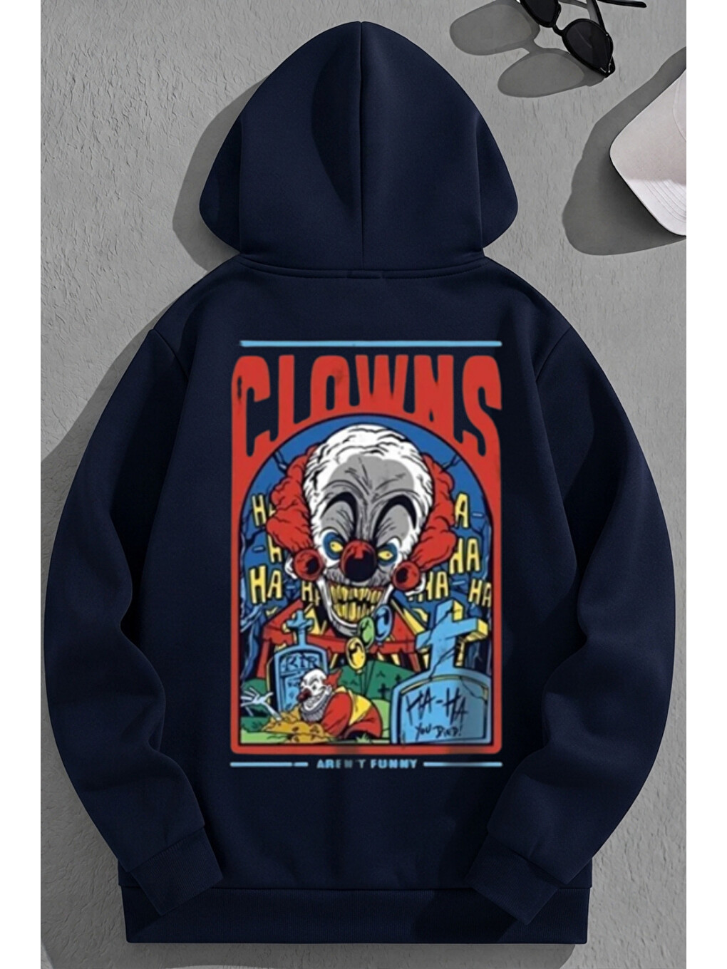Unisex 3 İplik Pamuklu Lacivert Clowns Baskı Bol Kalıp Sweatshirt Hoodie