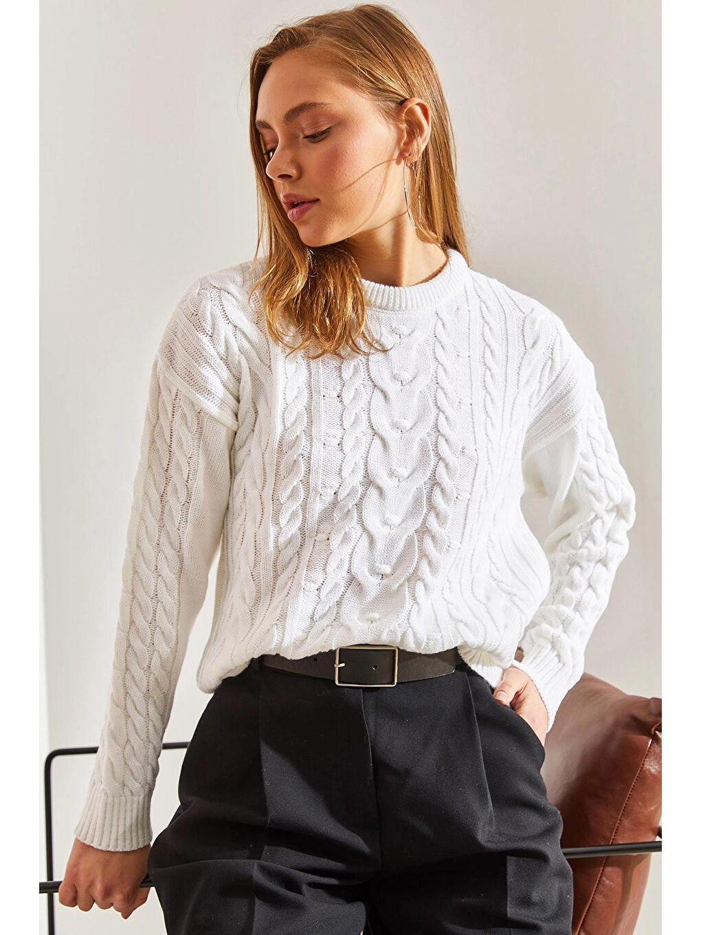 Beyaz Kadın Desenli Triko Kazak-3