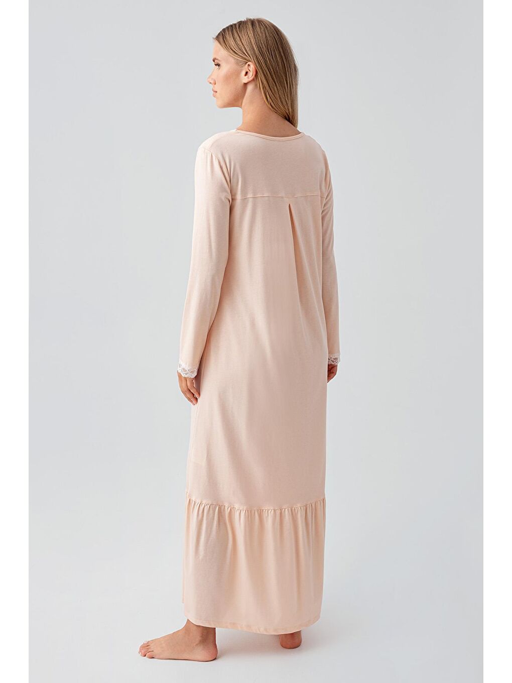 Pembe Uzun Kollu Düğmeli Dantelli Esnek Pamuklu Gecelik 18100-2