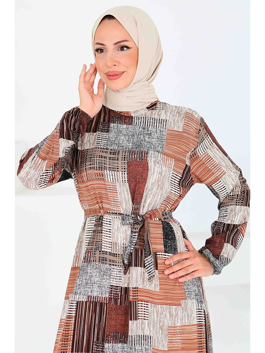 Kahverengi Desenli Kuşaklı Elbise Taba - 27518-4