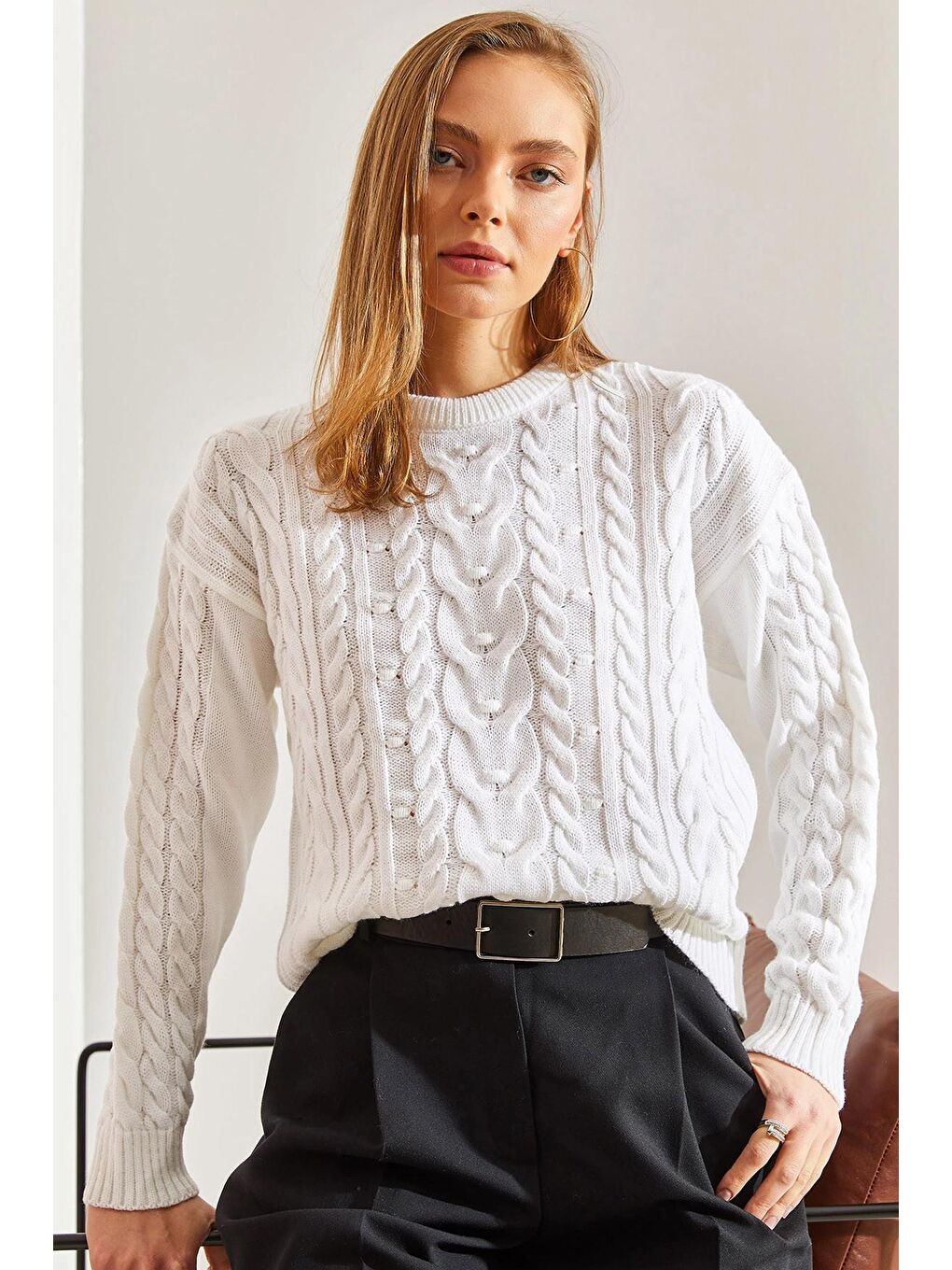 Beyaz Kadın Desenli Triko Kazak-4