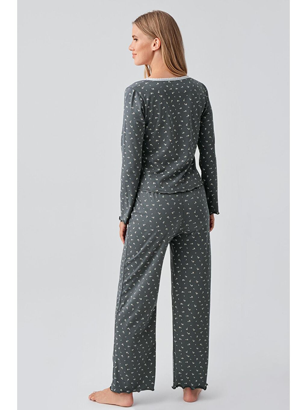 Yeşil Uzun Kollu Desenli Düğmeli Esnek Pamuklu Pijama Takım 18202-2