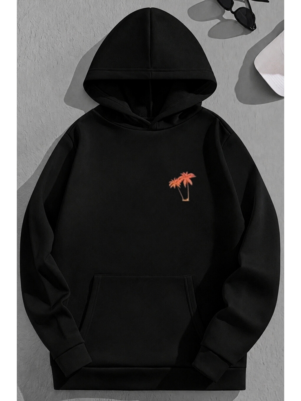 Unisex 3 İplik Pamuklu Siyah Latropical Bol Kalıp Sweatshirt Hoodie-1