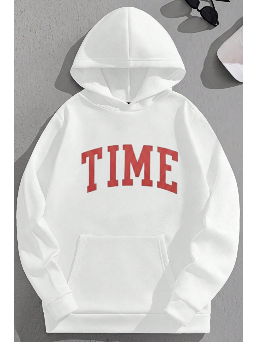 Unisex 3 İplik Pamuklu Beyaz Tıme Baskı Bol Kalıp Sweatshirt Hoodie