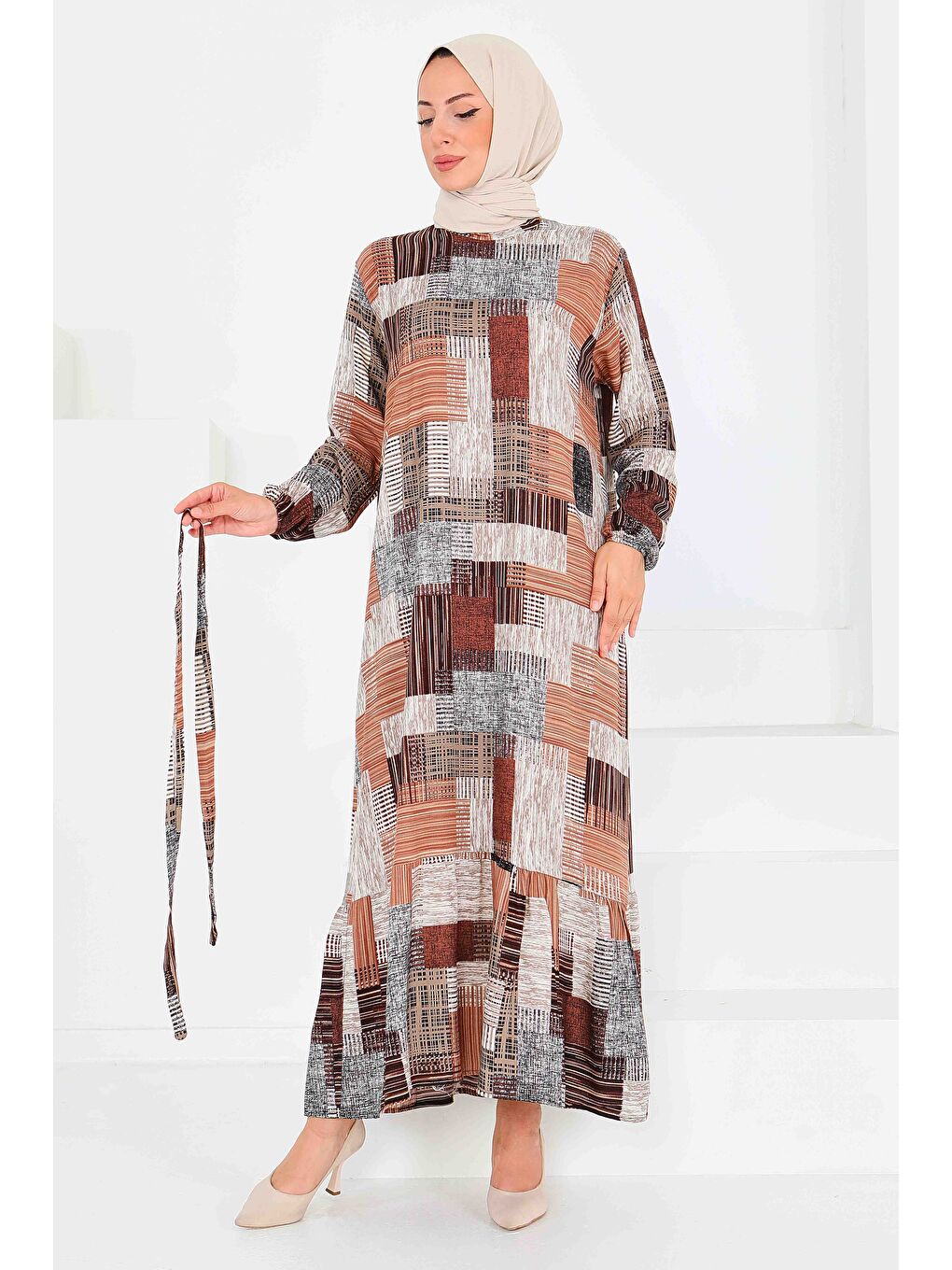Kahverengi Desenli Kuşaklı Elbise Taba - 27518-5