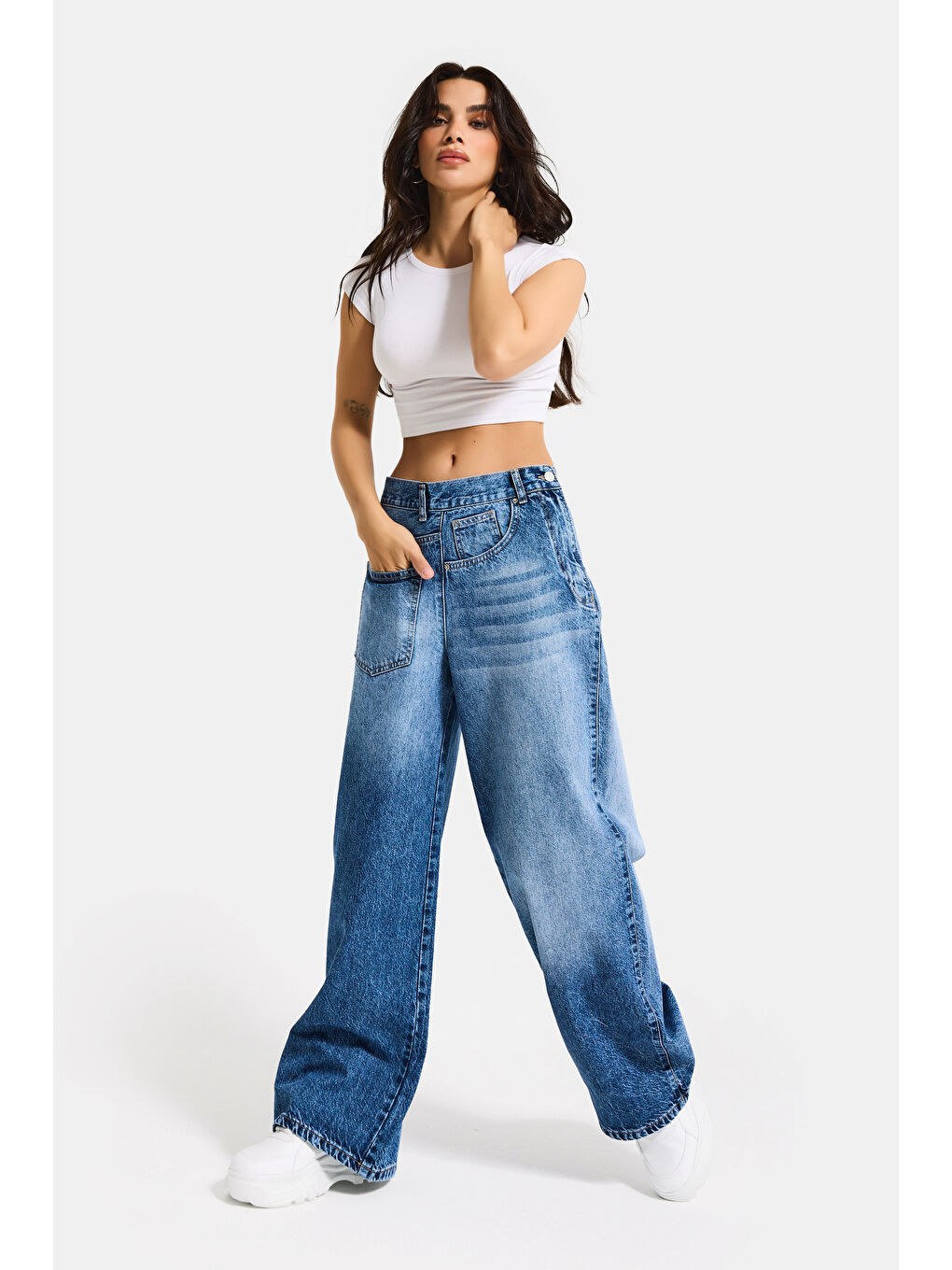 Kadın Mavi Renk 4s6-4 Mega Baggy Fit Ön Arka Detay Tasarım Denim Jean-1