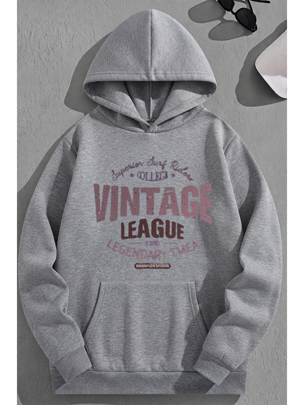 Unisex 3 İplik Pamuklu Gri Vintageleage Baskı Bol Kalıp Sweatshirt Hoodie