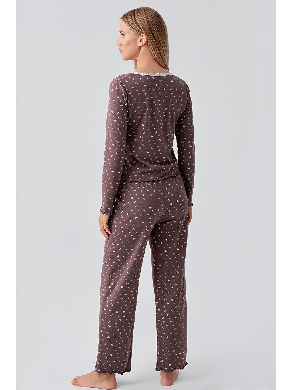 Kahverengi Uzun Kollu Desenli Düğmeli Esnek Pamuklu Pijama Takım 18202-2