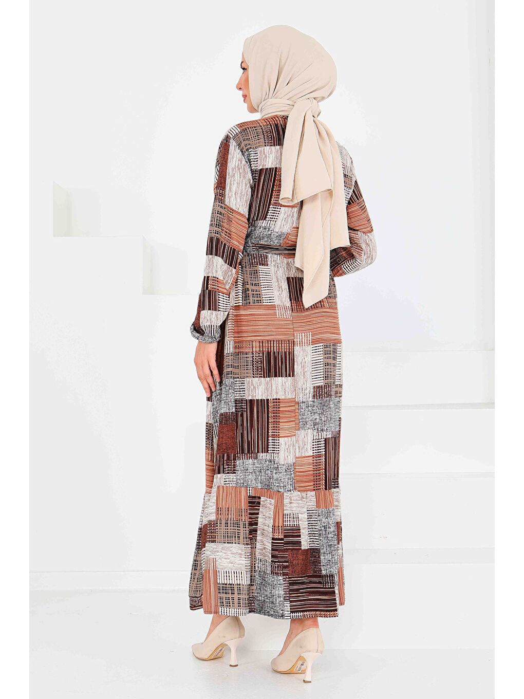 Kahverengi Desenli Kuşaklı Elbise Taba - 27518-6