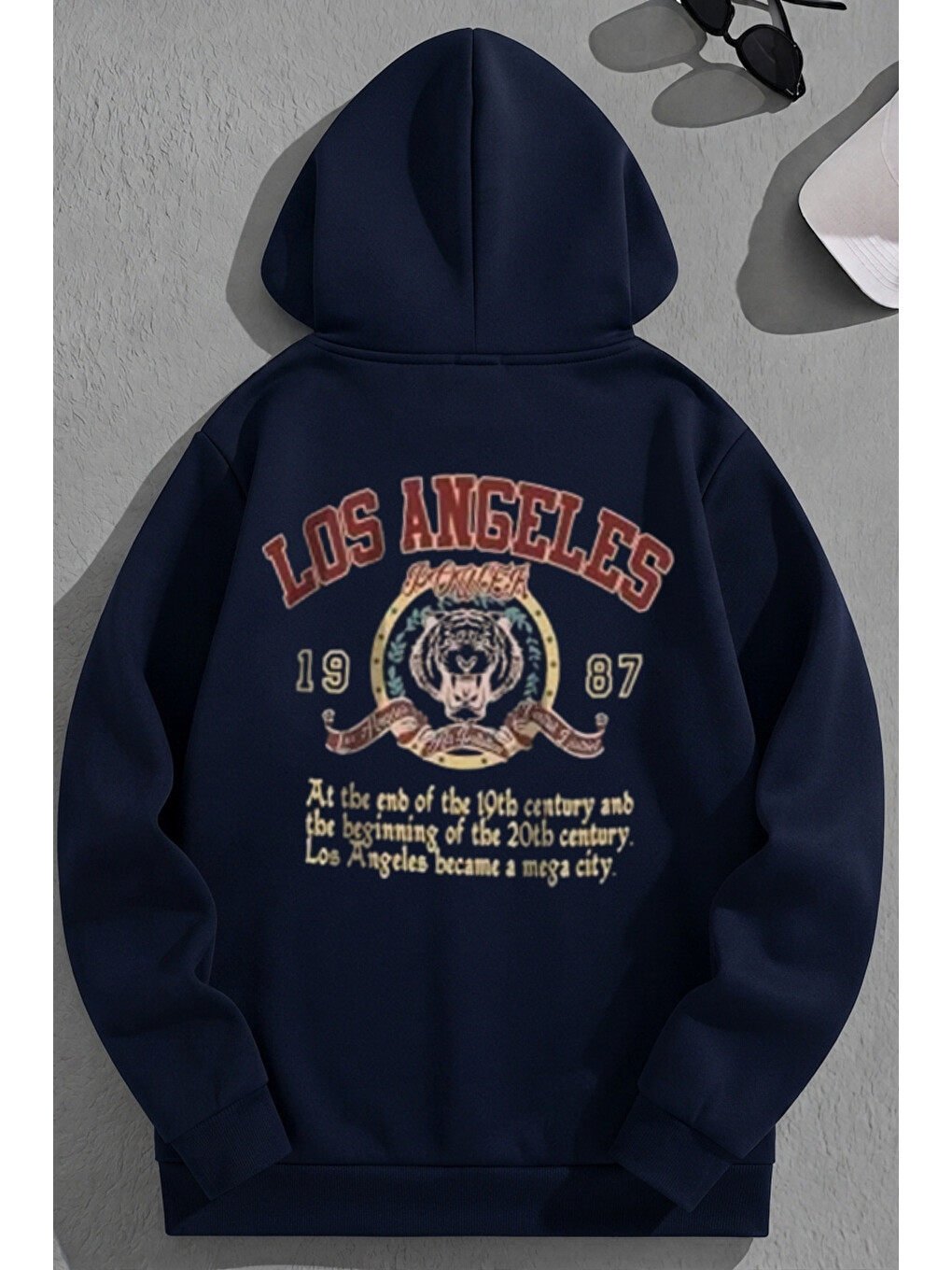 Unisex 3 İplik Pamuklu Lacivert Losangeles1987 Baskı Bol Kalıp Sweatshirt Hoodie