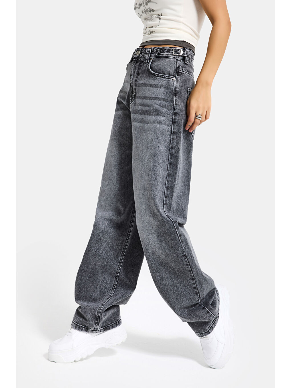 Gri Kadın Füme 4s6-13 Baggy Fit Bol Kesim %100 Pamuk Denim Jean