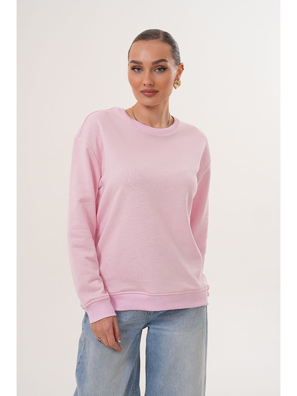 Pembe Unisex Bisiklet Yaka %100 Pamuk Basic Sweatshirt-2