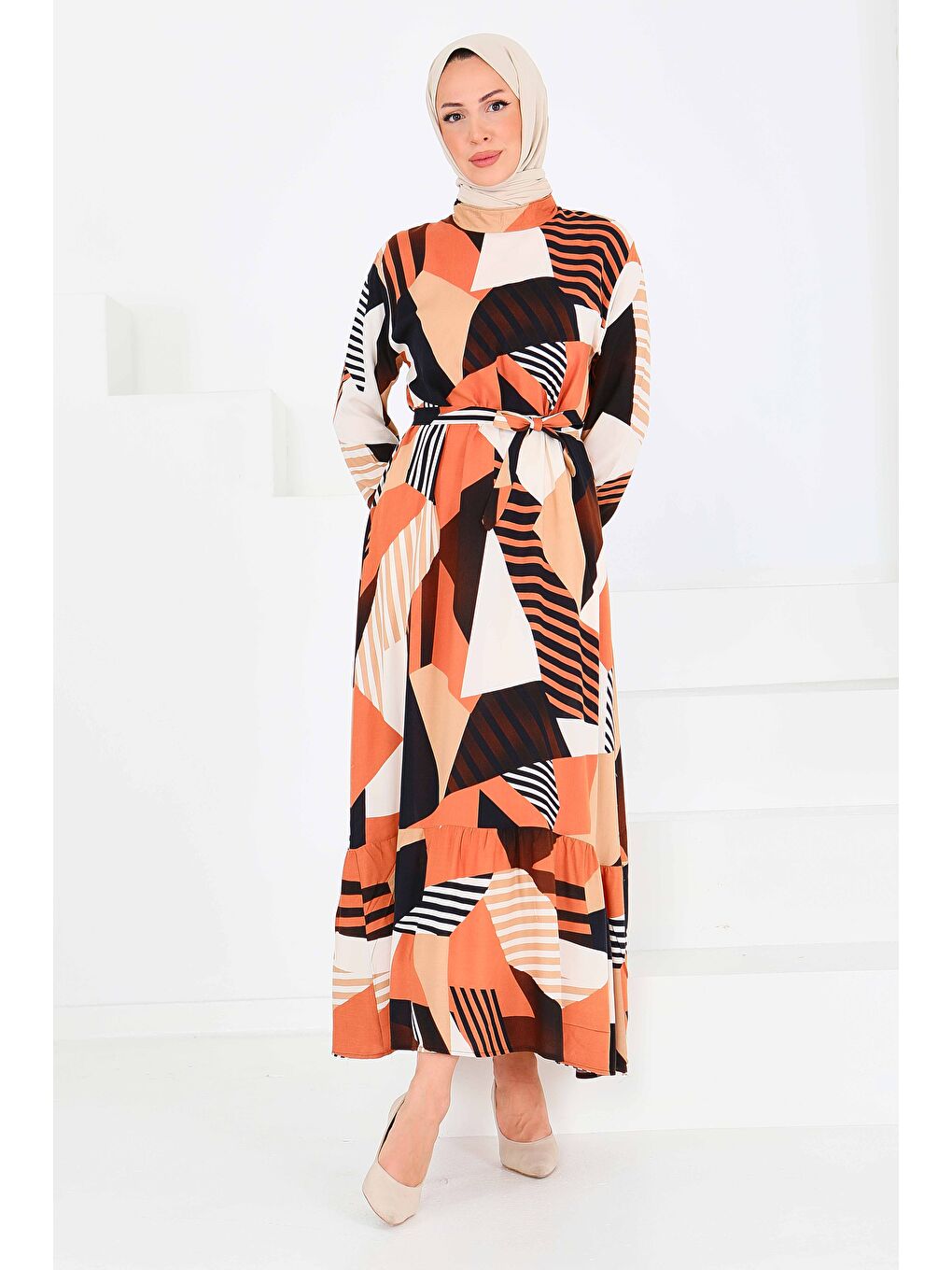 Turuncu Desenli Kuşaklı Elbise Oranj - 27517