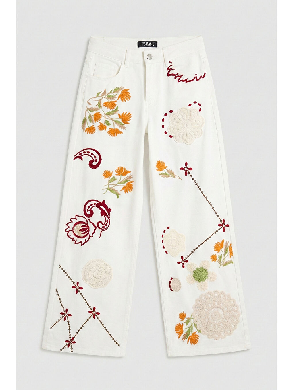 Kadın Ekru 7s6-101 Palazzo Fit Özel Desen Çiçek Nakışlı Tasarım Denim Jean-1