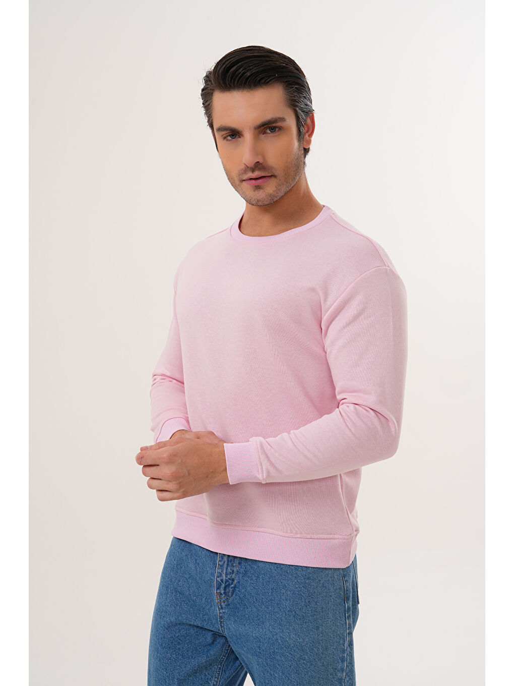 Pembe Unisex Bisiklet Yaka %100 Pamuk Basic Sweatshirt-3