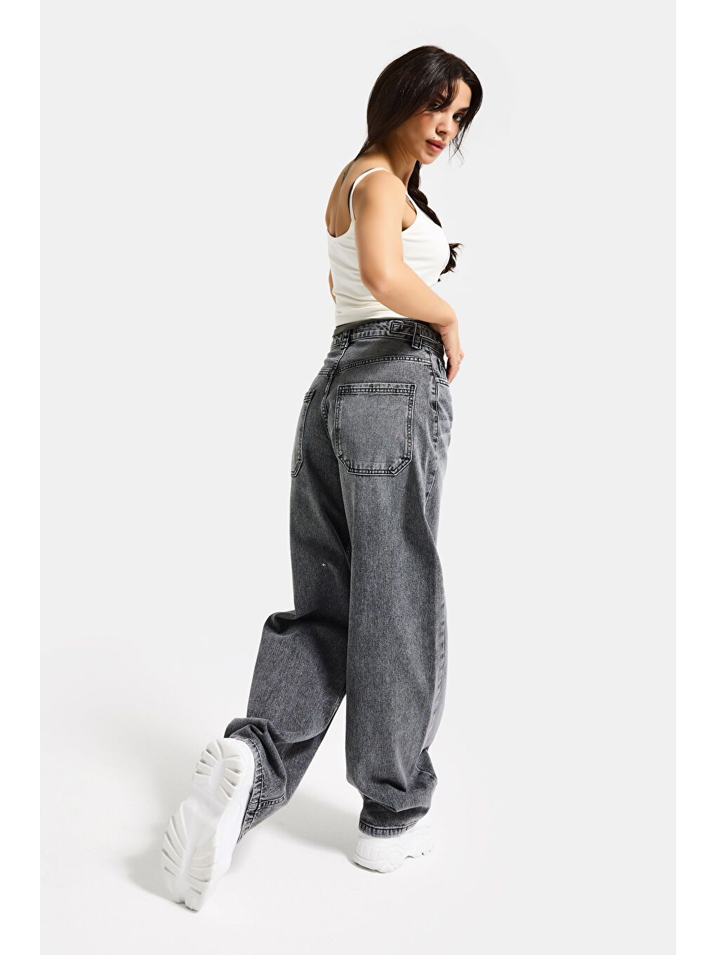 Gri Kadın Füme 4s6-13 Baggy Fit Bol Kesim %100 Pamuk Denim Jean-2