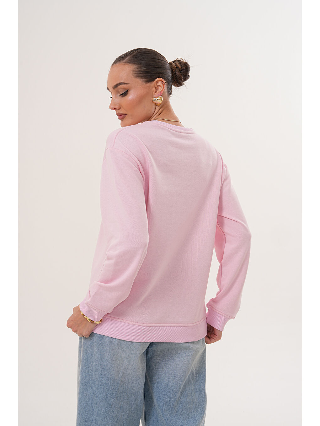 Pembe Unisex Bisiklet Yaka %100 Pamuk Basic Sweatshirt-4